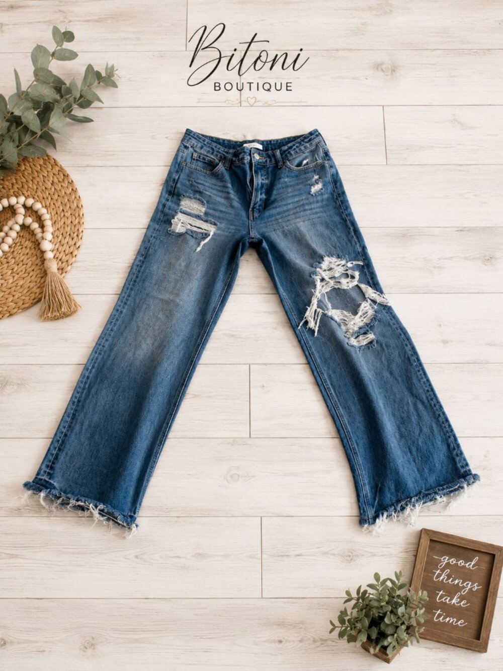 Altar'd State Distressed Wide Leg Jeans | Size 29 | Raw Hem Light Wash Denim